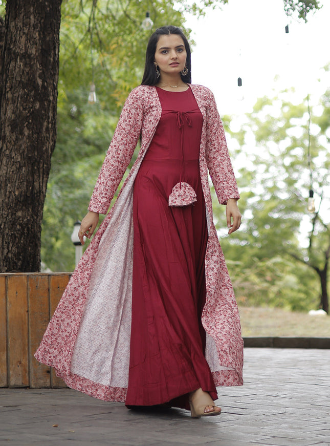 Carrot Red Rayon Gown with Crochet Work Georgette Shrug