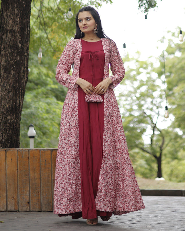 Carrot Red Rayon Gown with Crochet Work Georgette Shrug