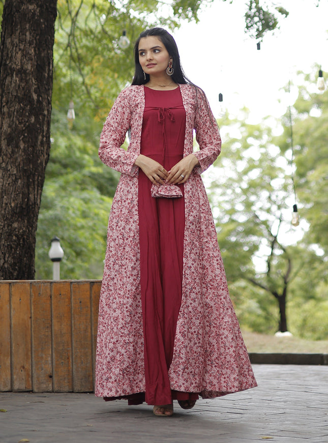 Carrot Red Rayon Gown with Crochet Work Georgette Shrug