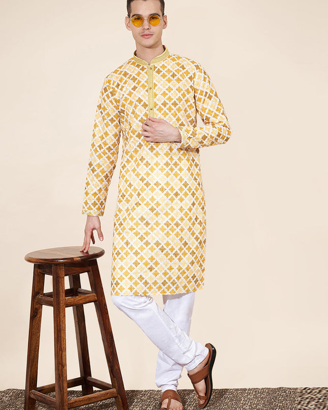 Pastel Yellow Cotton Printed Mens Kurta Pajama Set