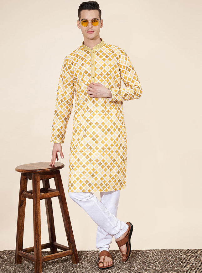 Pastel Yellow Cotton Printed Mens Kurta Pajama Set