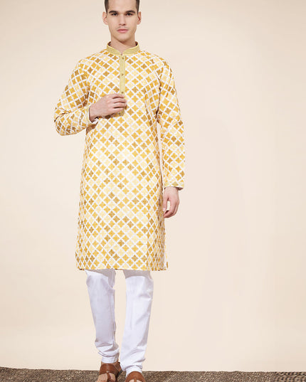 Pastel Yellow Cotton Printed Mens Kurta Pajama Set