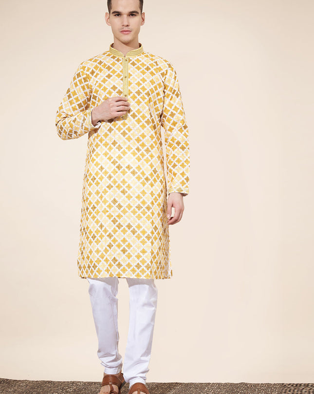 Pastel Yellow Cotton Printed Mens Kurta Pajama Set