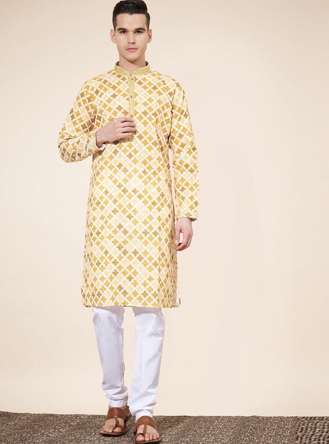 Pastel Yellow Cotton Printed Mens Kurta Pajama Set