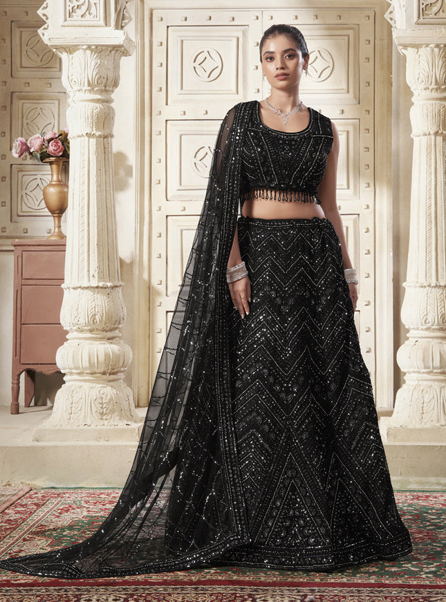 Black Net Sequins Embroidered Designer Wedding Lehenga Choli Set