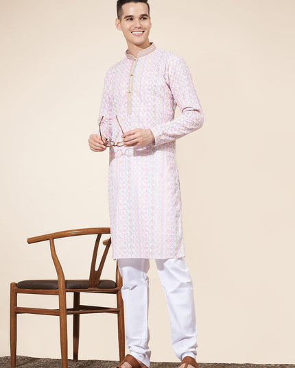 Blush Pink Cotton Printed Mens Kurta Pajama Set