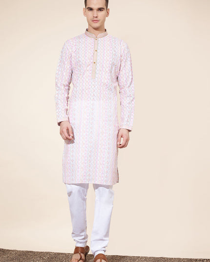 Blush Pink Cotton Printed Mens Kurta Pajama Set