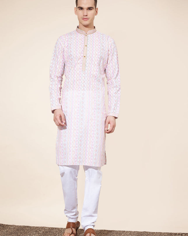 Blush Pink Cotton Printed Mens Kurta Pajama Set