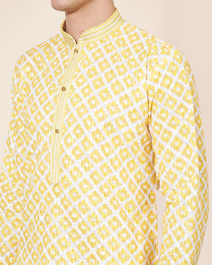 Lemon Yellow Cotton Printed Mens Kurta Pajama Set