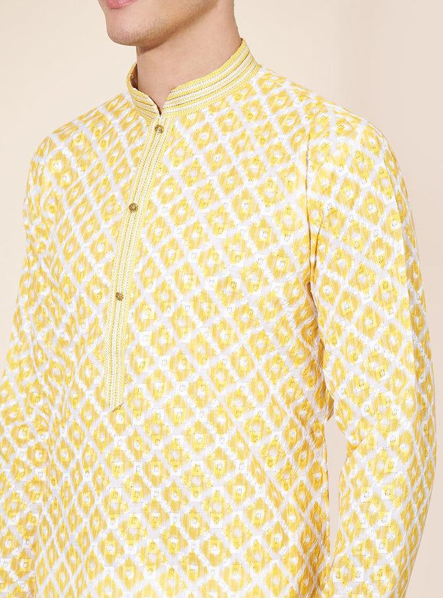 Lemon Yellow Cotton Printed Mens Kurta Pajama Set