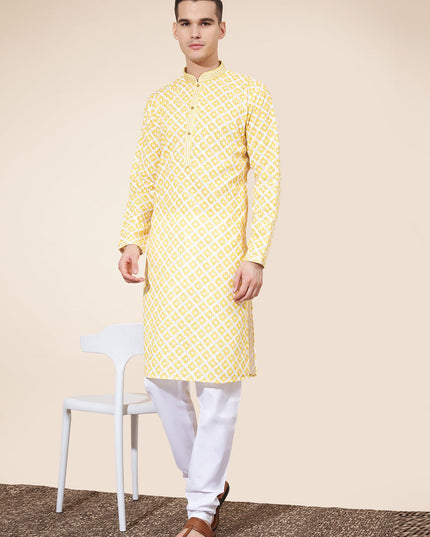 Lemon Yellow Cotton Printed Mens Kurta Pajama Set