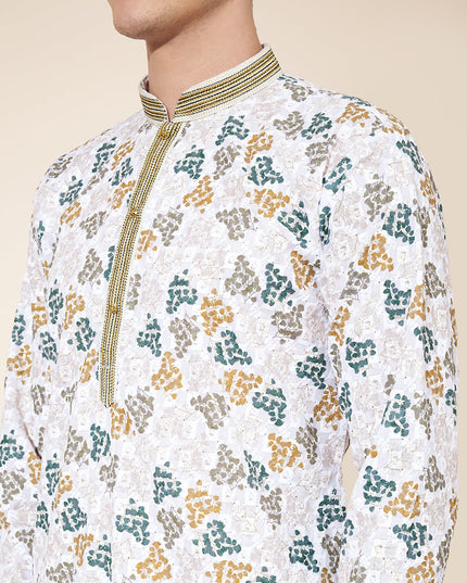 White Cotton Printed Mens Kurta Pajama Set