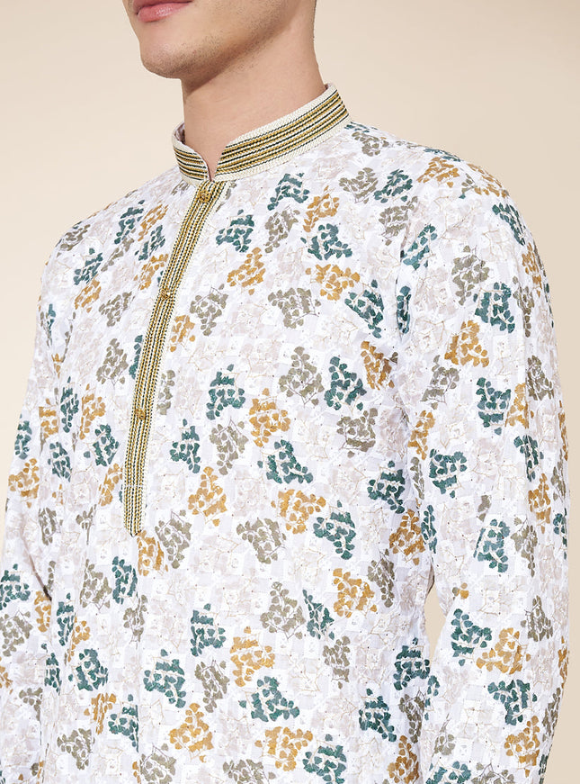 White Cotton Printed Mens Kurta Pajama Set