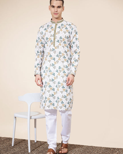 White Cotton Printed Mens Kurta Pajama Set