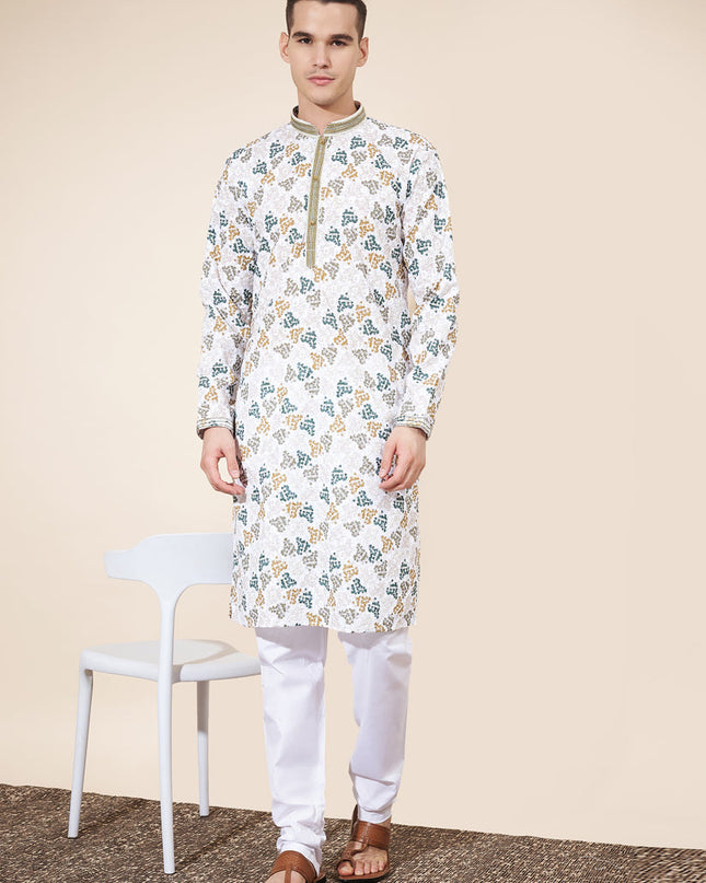 White Cotton Printed Mens Kurta Pajama Set