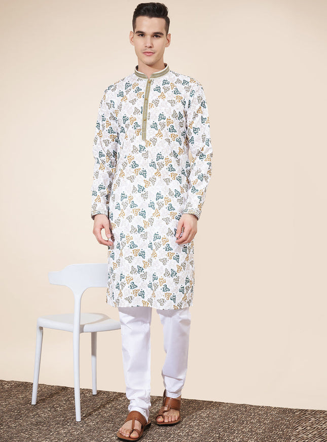 White Cotton Printed Mens Kurta Pajama Set