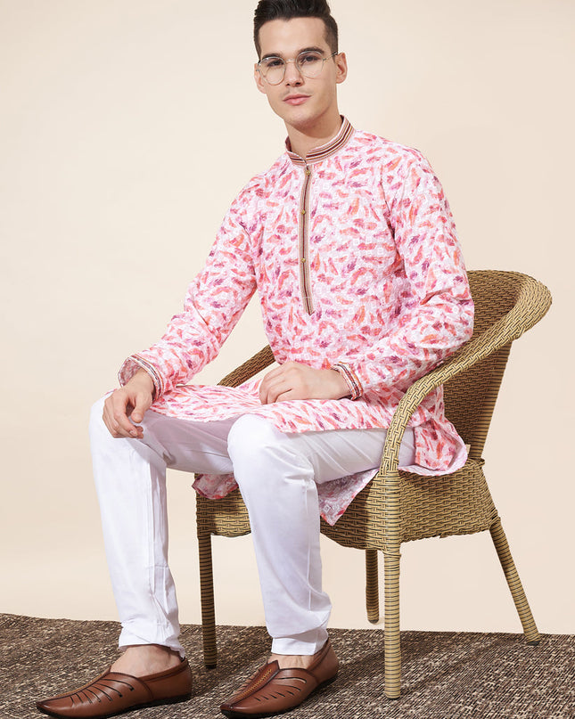Blush Pink Cotton Printed Mens Kurta Pajama Set