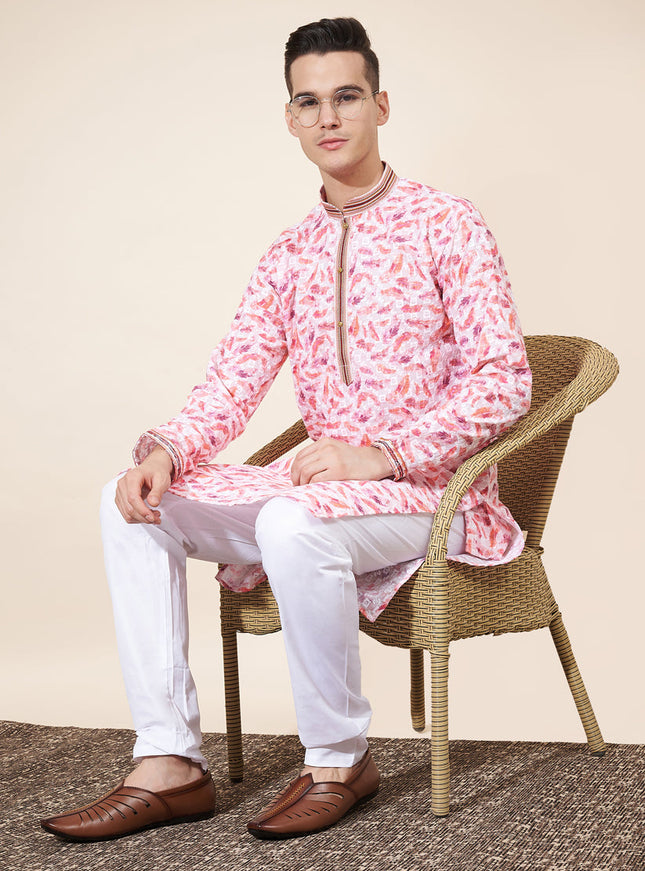 Blush Pink Cotton Printed Mens Kurta Pajama Set