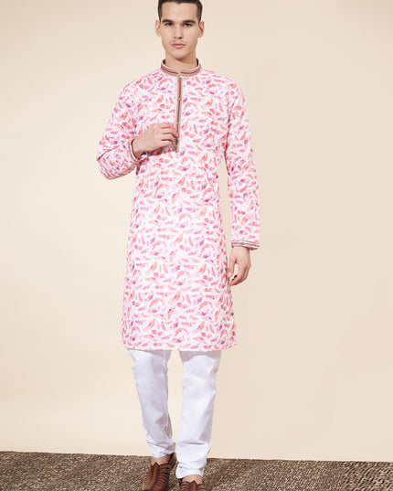 Blush Pink Cotton Printed Mens Kurta Pajama Set