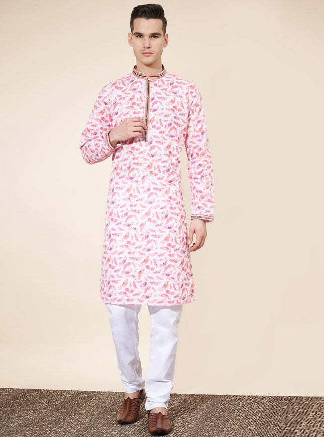 Blush Pink Cotton Printed Mens Kurta Pajama Set