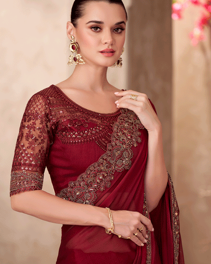 Sophisticated Maroon Chiffon Heavy Designer Saree