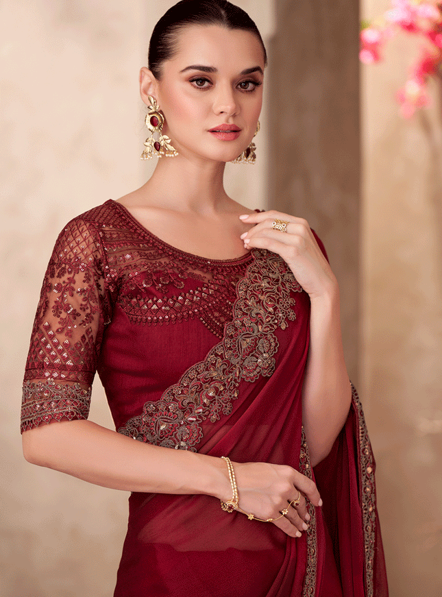 Sophisticated Maroon Chiffon Heavy Designer Saree