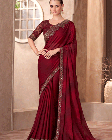 Sophisticated Maroon Chiffon Heavy Designer Saree