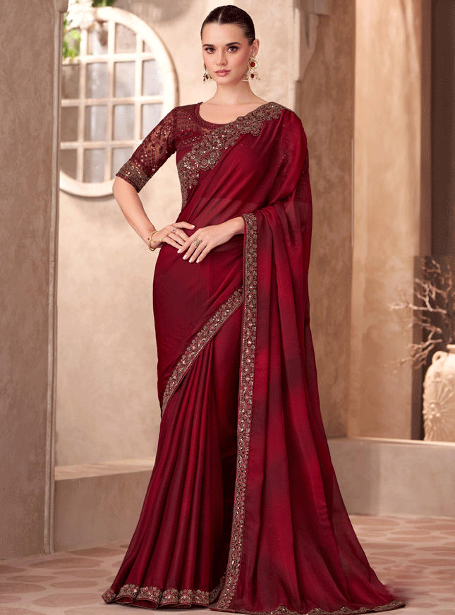 Sophisticated Maroon Chiffon Heavy Designer Saree