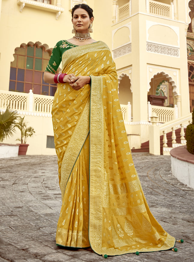 Maize Yellow Dola Silk Wedding Saree with Embroidered Blouse