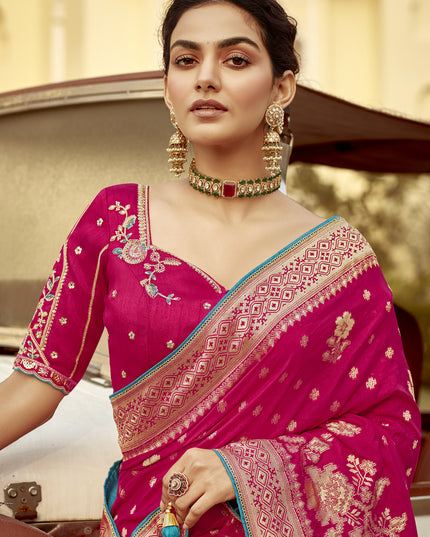 Rani Pink Dola Silk Wedding Saree with Embroidered Blouse