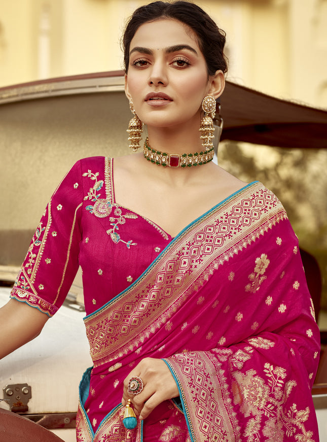 Rani Pink Dola Silk Wedding Saree with Embroidered Blouse
