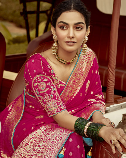 Rani Pink Dola Silk Wedding Saree with Embroidered Blouse