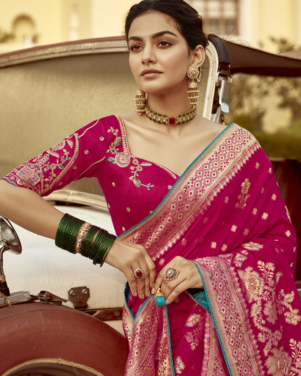 Rani Pink Dola Silk Wedding Saree with Embroidered Blouse