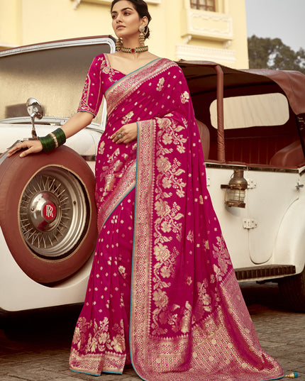Rani Pink Dola Silk Wedding Saree with Embroidered Blouse