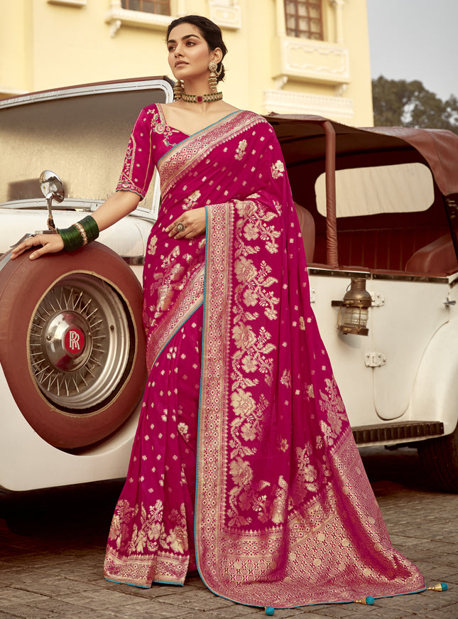 Rani Pink Dola Silk Wedding Saree with Embroidered Blouse
