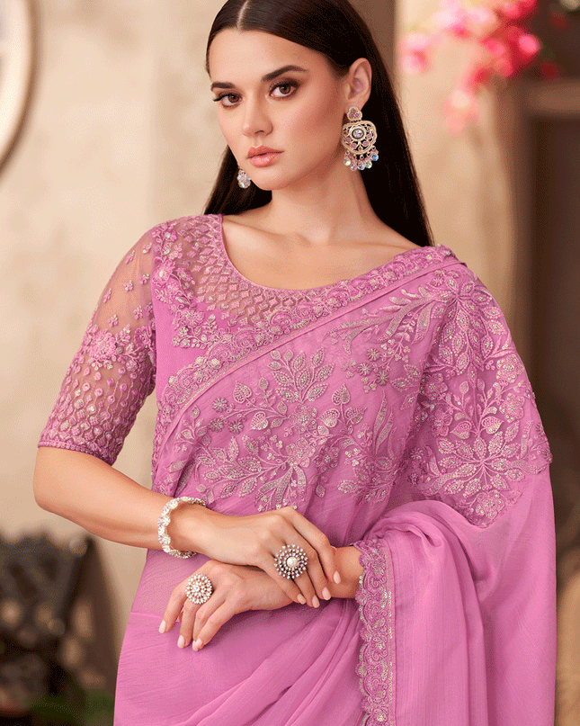 Flawless Orchid Pink Chiffon Heavy Designer Saree