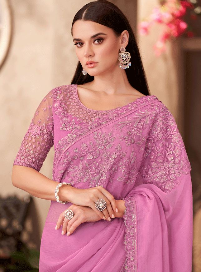 Flawless Orchid Pink Chiffon Heavy Designer Saree