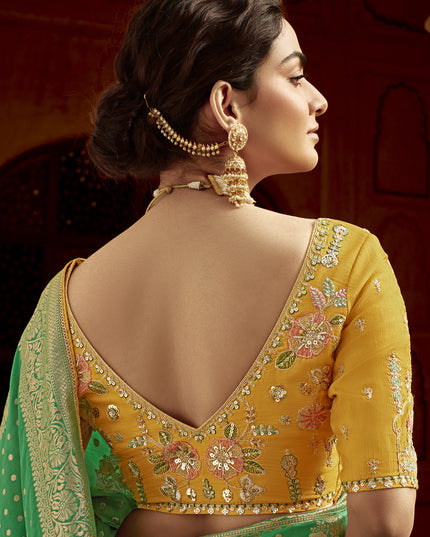 Rama Green Dola Silk Wedding Saree with Embroidered Blouse