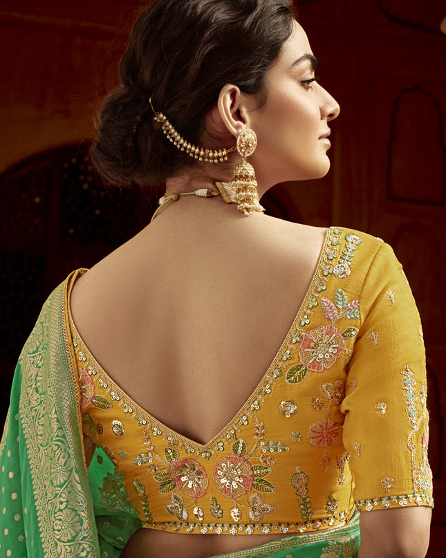 Rama Green Dola Silk Wedding Saree with Embroidered Blouse