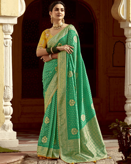 Rama Green Dola Silk Wedding Saree with Embroidered Blouse
