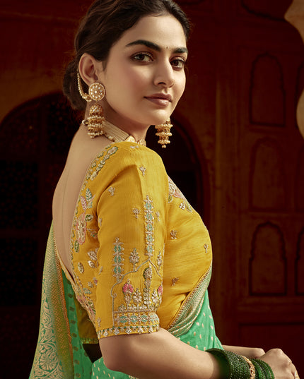 Rama Green Dola Silk Wedding Saree with Embroidered Blouse