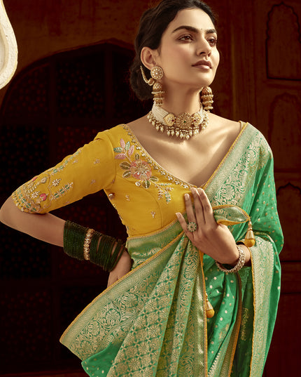 Rama Green Dola Silk Wedding Saree with Embroidered Blouse