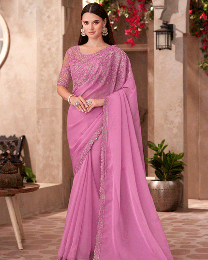 Flawless Orchid Pink Chiffon Heavy Designer Saree
