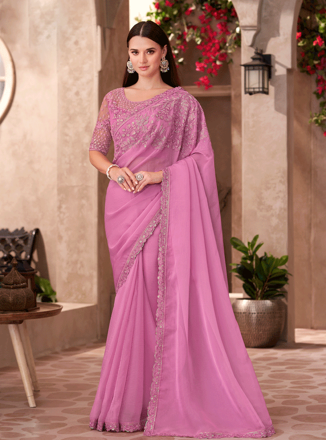 Flawless Orchid Pink Chiffon Heavy Designer Saree