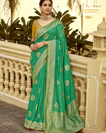 Rama Green Dola Silk Wedding Saree with Embroidered Blouse