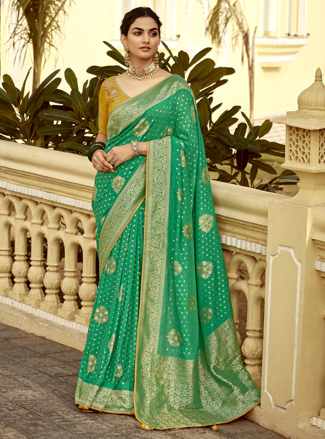 Rama Green Dola Silk Wedding Saree with Embroidered Blouse