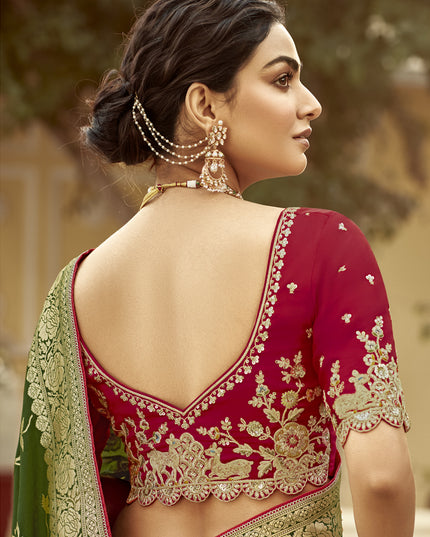 Olive Green Dola Silk Wedding Saree with Embroidered Blouse