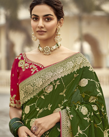 Olive Green Dola Silk Wedding Saree with Embroidered Blouse
