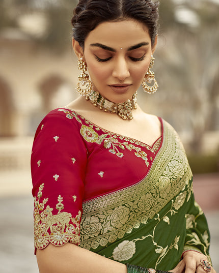 Olive Green Dola Silk Wedding Saree with Embroidered Blouse