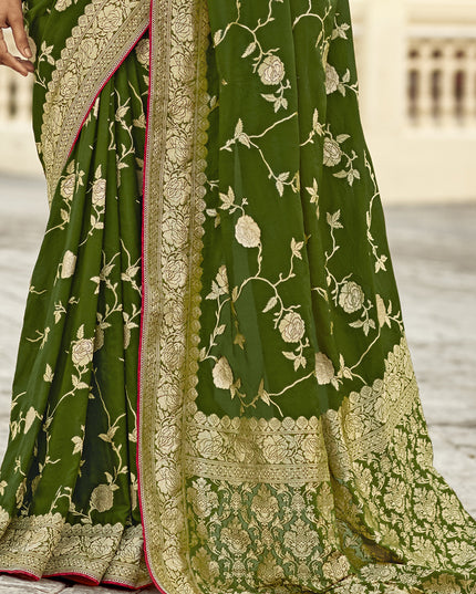Olive Green Dola Silk Wedding Saree with Embroidered Blouse